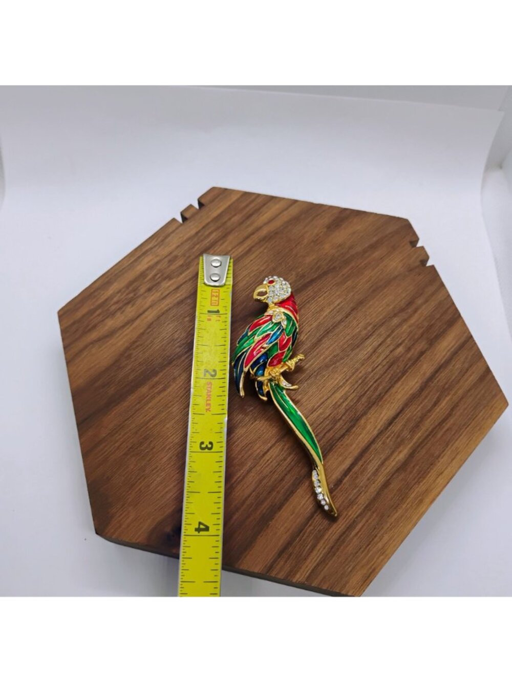 Large 4" Long Colorful Parrot Macaw Brooch Enamel Rhinestone Gold Tone - Picture 3 of 4